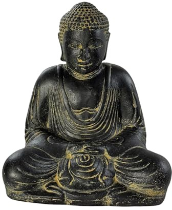 FaHome Buddha Skulptur sitzend – Garten Terrasse Balkon Deko – Wetterfest – Stein Figur Meditation schwarz Gold – 30x26x20 cm