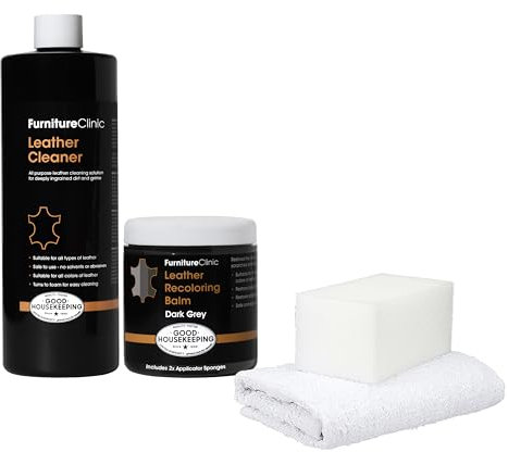Furniture Clinic Easy Leather Restoration Kit (Dark Grey) | Includes Recolouring Balm, Ultra Clean, Sponge & Cloth for Furniture, Car Seats, Shoes & Bags