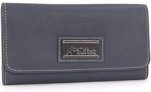 Catwalk Collection Handbags - Grand Portefeuille Femme Cuir - Porte Monnaie - 14 Emplacements pour Cartes - RFID Blocage - Gemma Purse - Bleu