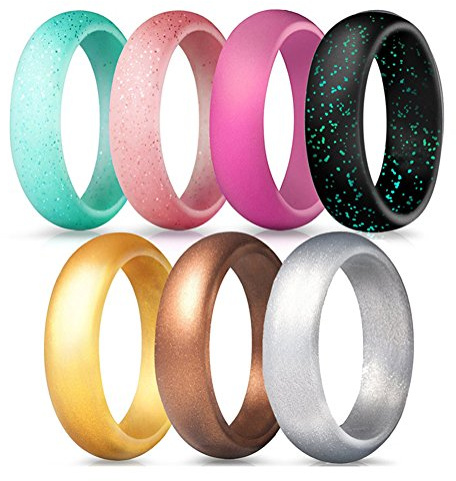 PAURO Silikon Rubber Ehering Ring Für Aktive Frauen Flexible Safe 5,7mm Bands Sport Outdoor, Glitter Pearlescent Solide 7 Pack Größe 57