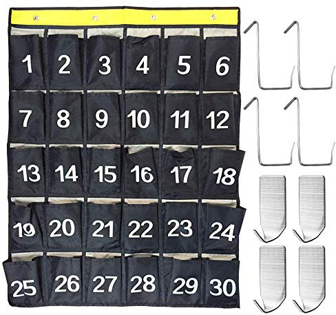 Organizer da parete con 30 tasche numerate, ideale per classi, per riporre calcolatrici e cellulari, da appendere alla porta o alla parete, con 4 ganci adesivi e 4 ganci per porta, colore blu navy