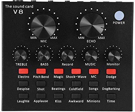 Bewinner V8 Multifunktionale Live-Soundkarte, intelligente Lautstärke einstellbar Mehrere lustige Sounds und Effekte für Gesang/Aufnahme/Musik, Kompatibel mit IOS und Android/Tablets