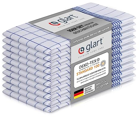 Glart 48KB2 10er Set Geschirrtücher Küchentücher Geschirrhandtücher Küchenhandtücher, 50x70 cm, 100% Baumwolle OEKO-TEX, blau kariert, vorgewaschen