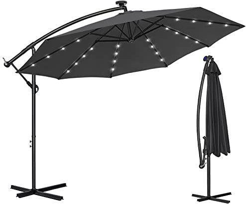AufuN Alu Ampelschirm Ø 350 cm mit Solar LED Beleuchtung Sonnenschirm mit Kurbelvorrichtung Höhenverstellbarer, UV-Schutz 40+, Wasserabweisende Bespannung Kurbelschirm, 8 Streben, Dunkelgrau