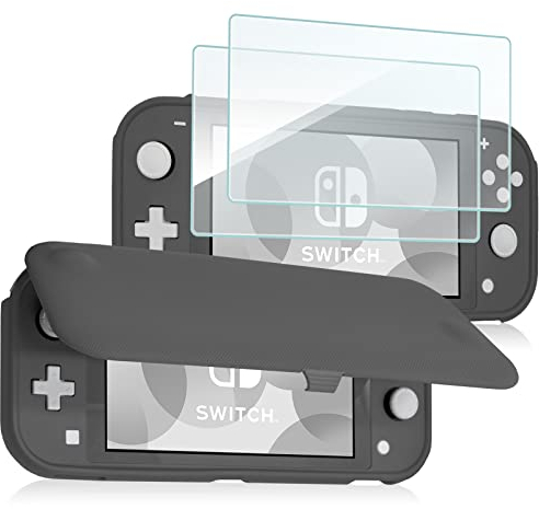 ProCase Klapp Schutzhülle + (2 Stück) Displayschutzfolien für Nintendo Switch Lite 2019, Weich dünn TPU Stoßfest Hülle + 2 Hartglas Blasenfrei Displayschutzfolien aus gehärtetem Glas –Grau