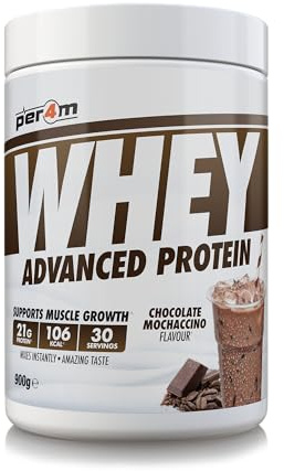 Per4m Whey Protein, Molkenprotein mit vollem Aminosäureprofil, unterstützt Muskelaufbau & Regeneration, reich an essentiellen Aminosäuren, für Sportler nach dem Training – Schoko-Mochaccino – 900g
