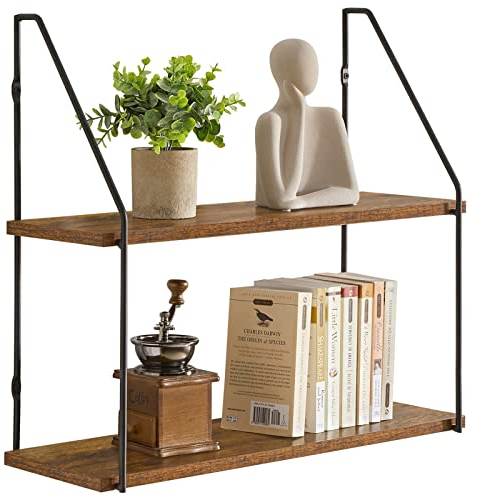 YMYNY Schweberegal Standregal Wandregal mit 2 Etagen in Elegantem Stil, Wandmontage, 60 x 20,5 x 80 cm, aus Holz und Metall, Lagerregale für Schlafzimmer, Küche, Wohnzimmer, Badezimmer HD-HRF-TM011
