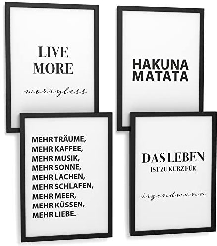 Papierschmiede® Premium Spruchbilder Set 4er mit Rahmen, DIN A4 fertig gerahmt (Material und Farbe wählbar) Motiv: Hakuna Matata, Bilder Set mit Sprüchen, Poster Typografie Wohnzimmer König der Löwen