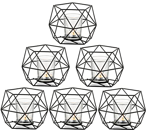 Romadedi Teelichthalter Kerzenhalter Metall Schwarz - 6er Set Geometrisches Teelichter Kerzenständer Stumpenkerze Windlicht Modern Geo Deko für Tischdeko Party Hochzeit Wohnzimmer Weihnachten