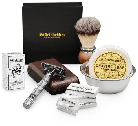 Störtebekker® Premium Rasierhobel Set für Herren im handgefertigten Lederetui - Rasierset mit Rasierpinsel, Rasierschale Edelstahl, Rasierseife, Alaunstein und Rasierklingen - Bartpflege Set Männer