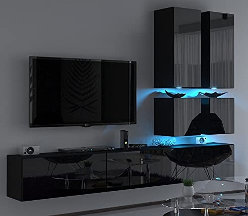Furnitech Wohnwand Modern | Hängend Wohnwand mit Regale und TV Schrank | Möbel ohne LED (Future C77-HG-B1 1A Schwarz)