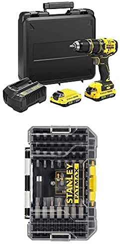 Stanley FatMax 18V 2-Gang Akku-Schlagbohrschrauber SFMCD721D2K (2.0Ah, 80 Nm, bürstenloser Motor mit Vollmetallgetriebe, inkl. 2 Akkus) + Stanley FatMax 40-tlg. Standard Set STA88560