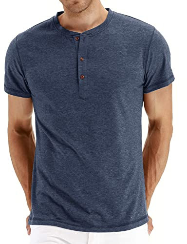 AOTORR Men's Henley T-Shirts Summer Casual Short Sleeve Front Placket Shirt AMZ028 Dark Blue XXL
