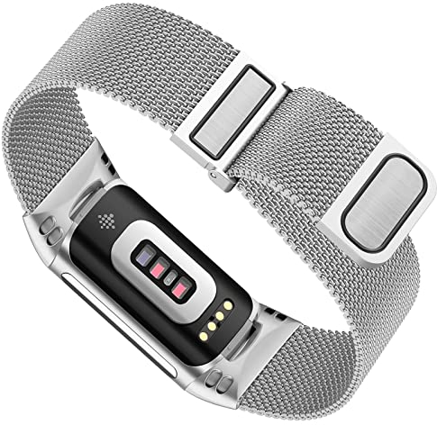 Supore Bracelet Métal Replacement pour Fitbit Charge 5/6, Bracelet Réglable avec Aimant Amélioré, Acier Inoxydable, Argent, 20 mm, 235 mm