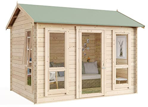 BillyOh Darcy 10x8 Log Cabin Summer House Shed with 19mm Wall Logs Thickness, Modern Apex Roof, Pressure Treated Wood & Shatterproof Windows – Garden Room, Gym, Outdoor Office, Studio, or Garden House