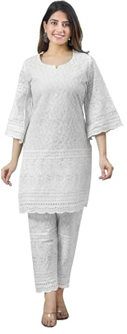 Vrnda Indian Chikankari Cotton Kurti for Women Cream White Ethnic Tunic Top | Lightweight embroidered cotton kurti with classic chikankari style for casual, festive, travel, office, and everyday wear