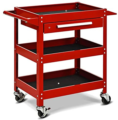 GiantexUK 3-Tier Rolling Tool Cart, Heavy-duty Steel Service Cart on Wheels with Drawer, Side Handle & Tool Slots, Utility Storage Trolley for Workshop Warehouse Garage Office (Red)