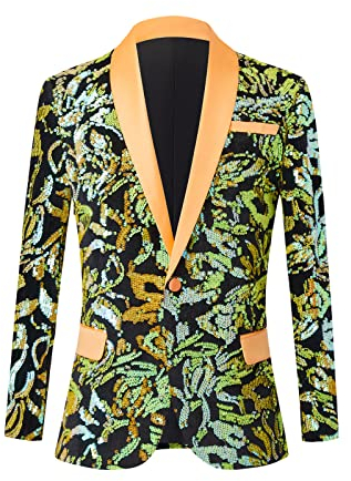 HJQSC Stilvoller Blazer für Herren, bunt, glänzende Pailletten, Kleidung, Revers, schmale Passform, Jacke, Kostüm, Homme Stage, Orange/Abendrot im Zickzackmuster (Sunset Chevron), M
