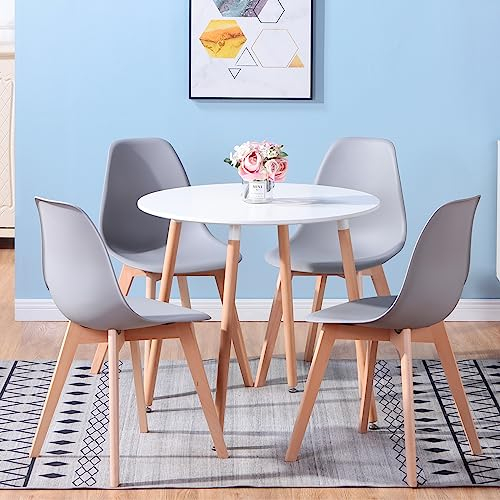 GrandCA HOME Mesa de Comedor y 4 Sillas de Comedor Juego de Comedor Moderno, Mesas Redondas Blancas y Sillas de Cocina con Patas de Madera de Haya, Gris