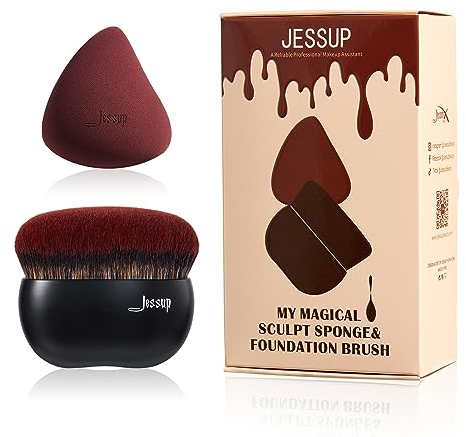 Jessup pinceau fond de teint avec éponge de maquillage, noir pinceau de maquillage pinceau kabuki à dessus plat pour pointillés de mélange liquide, T881