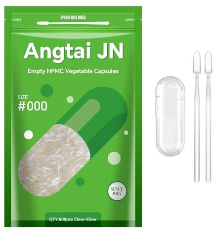 Angtai JN Gélules Vides Végétales à Remplir Taille 000 (500 unités) Capsule Vide avec Micro Cuillère,Certifié Casher,Halal,Empty Capsules Compatible avec la Machine de Remplissage de Capsule 000