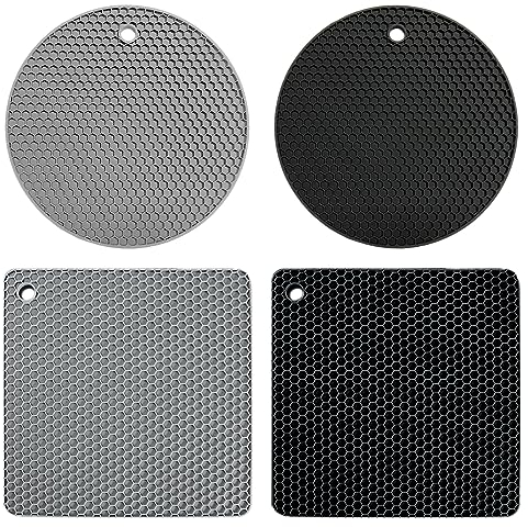 4-Pack Extra Thick Silicone Trivet Mats, Pot Protectors, Heat Resistant Mats, Multipurpose Non-Slip Placemats for Kitchen Cooking (Round and Square) (Grey, Black)