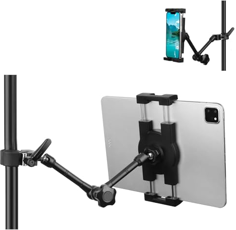 Mippko iPad Holder for Microphone Stand/Mic Music Stand,Tablet Mount Compatible with 4.7~12.9 / Nexus/LG G Pads/e-Reader/Switch/iPhone,360° Adjustable 10 Long Aluminum Alloy Arm