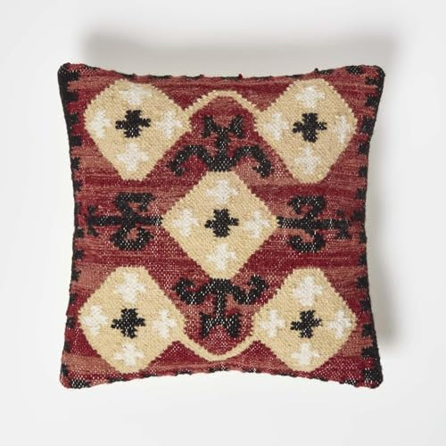 Homescapes Tirana Kelim-Kissen schwarz-rot-gelb, Zierkissen geometrisch 45x45 cm, Sofa-Kissen mit Füllung