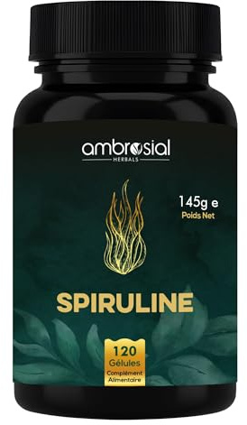 Ambrosial Spirulina Capsules 500mg - Highly Dosed Tablets, Vegan, No Additives, Protein Powder, Greens Powder, Spirulina and Chlorella Capsules, Immune System Booster (Pack of 1-120)