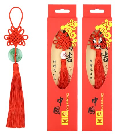 Lot de 3 pendentifs porte-bonheur en forme de nœud chinois avec perle de visage d'opéra de Pékin et pompon rouge à suspendre pour le Nouvel An chinois, la richesse et la bonne fortune, cadeau pour la