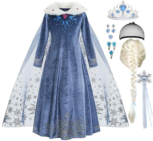 ZaisuiFun Verkleidung Kostüm Prinzessin Elsa für Mädchen Schneekönigin Kleid Blau mit Perücke Langarm mit Plüsch Kragen für Halloween Geburtstag Canarval,Blau mit Perücke, 128-134(Etikett 130)