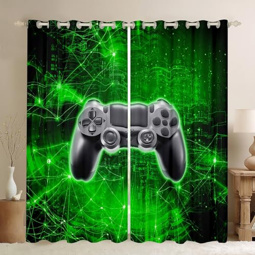 Manfei Schwarzer Gamepad Fenster Vorhang,Videospiele Vorhänge Kinder Teens Mädchen Gamer Schlafzimmer Dekor,Neon Grün Geometrische Linien Fenstervorhänge Mode Gaming Fenster Vorhänge,2 Panels,M Größe