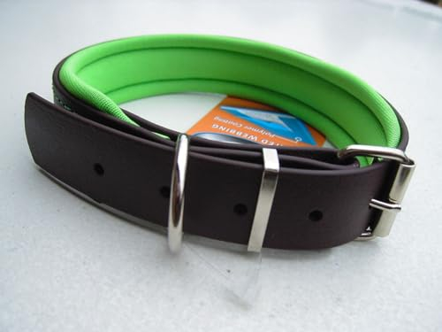 MJH Biothane Halsband vernäht 38mm breit mit Neopren unterlegt & verstellbar (45-51cm, braun/grün)