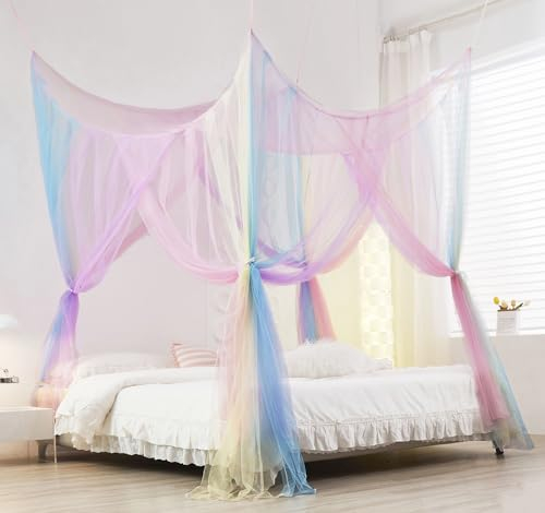 Mengersi Regenbogen-Baldachin, Bettvorhang, Moskitonetz für Betthimmel, vier Eckpfosten, elegantes Bettnetz, Fliegengitter, Baldachin-Vorhänge für King-Size-Bett