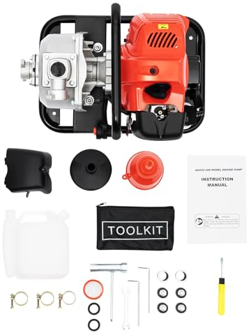 Bomba Motor De Agua Gasolina, 2 Tiempos Motobomba de Agua a Gasolina, 1250 W/6500 rpm Bomba de Agua Gasolina, Caudal de 8 – 10 m³/h Motobomba Gasolina, Altura de Extracción 20m