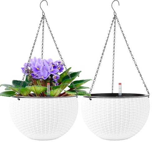 CPROSP 2pcs 28cm Auto-Riego Jardinera Colgante con Indicadores de Nivel de Agua y Ganchos De Cadena, Autorriego Maceta Colgante, Jardinera De Riego Maceta Auto para Exteriores, Techos Blanco