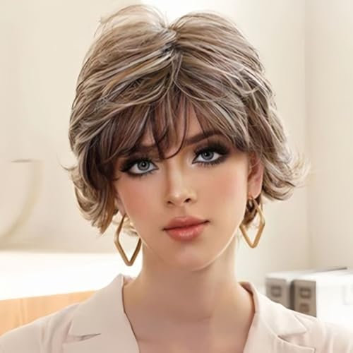 Siudus Braune Kurze Perücke Damen mit Pony Pixie Cut Schichtes Naturhaar Perücken mit Blonde Kunstfaser Tägliche Perücke