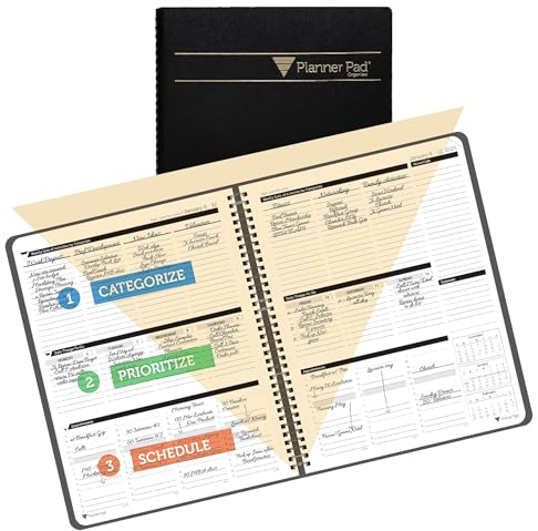 Planner Pad Spiralbindung, Januar-Dezember 2025, Kalender, Jahr, 21,6 x 27,9 cm, großer 3-stöckiger Trichter, 12 Monate, schwarzer Einband, schwarze Tinte