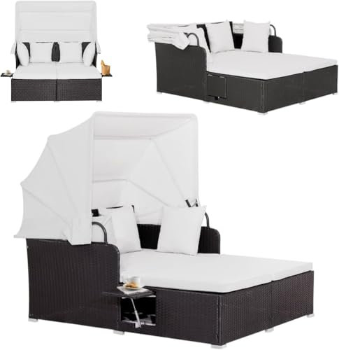 GYMAX Canapé Lit Jardin Extérieur avec Auvent Rétractable pour 2 Personnes, Coussin et 4 Oreillers, Plateaux Latéraux pour Rangement, pour Bain de Soleil dans Patio, Cour, Piscine (Beige)