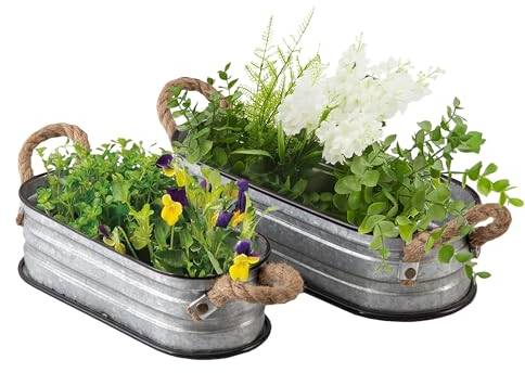 Sintosin Lot de 2 bacs ovales en zinc avec poignée en corde - Palettes - Design vintage - Pour l'extérieur et l'intérieur - Bac à plantes en métal pour plantation - Argenté