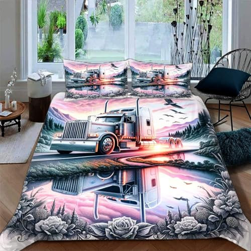 Ruiqieor Bettwäsche 135x200cm,LKW Motiv Bettbezüge 3teilig Microfaser-Baumwolle Bettbezug mit Reißverschluss und 2 Kopfkissenbezug für Jungen Mädchen Komfort（#2）