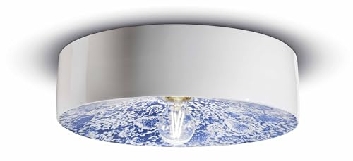Licht-Erlebnisse Deckenlampe Keramik Schirm Ø 40 cm rund in Weiß Blau gemustert Retro Design für E27 Deckenleuchte Flur Küche Wohnzimmer