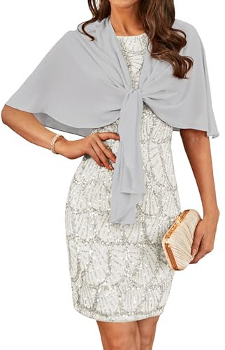 Ladies Two-Piece Set Casual Business OL Office Dress Fashion Sequined Wedding Guest Dresses with Chiffon Schal Silver 16