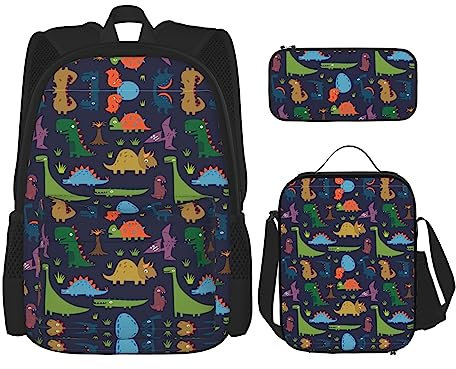 DEXNEL Mochila de hoja de palma de dinosaurio con fiambrera, juego de 3 mochilas escolares a juego para aplicación universal, NEGRO, talla única