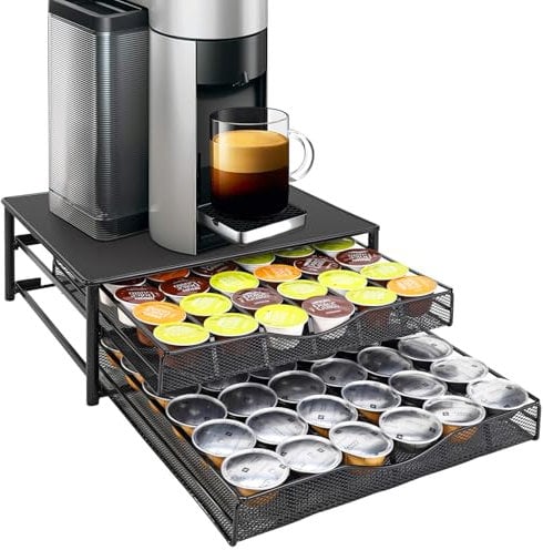 Vinsani 72 Capsules Coffee Pod Storage with 2 Sliding Drawers - Non Slip Surface Stackable Holder Organiser Box Capsules Tray Machine Stand for Dolce Gusto Pods (Black)
