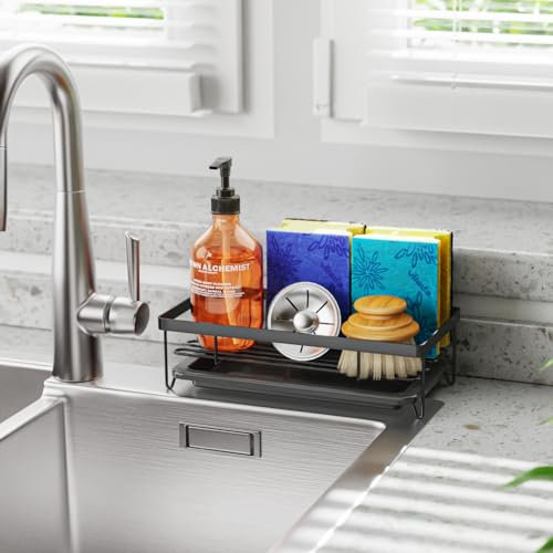 iSPECLE Kitchen Sink Caddy Organiser - Rustproof Sponge Holder with Drain Tray, Sink Tidy for Sponge Soap Brush, Kitchen Accessories, Black