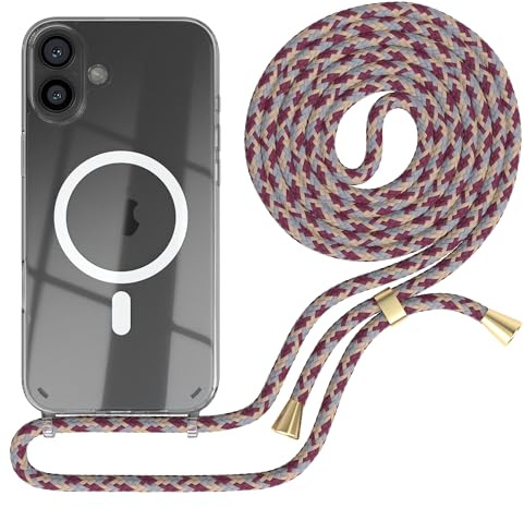 EAZY CASE - Handykette kompatibel mit iPhone 16 Plus Kette zum Umhängen Stoßfest Handyhülle für Apple iPhone 16 Plus Silikon Hülle mit Band Handytasche Transparent als Fallschutz in Rot Camouflage