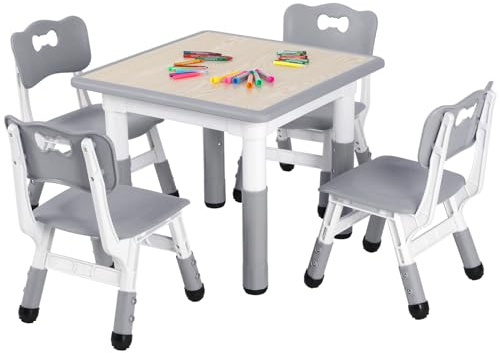 Clevich Kindertisch mit 4 Stühlen, Kinder Tisch Stuhl Set, 60x60x60CM, Plastik Kindermöbel, Höhenverstellbar Kindersitzgruppe für Kinderzimmer Schule Kindertagesstätte（Grau, Quadratischen Tisch）