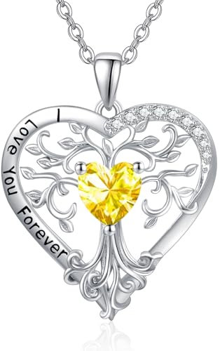 Birthstone Tree of Life Necklace for Women Sterling Silver November Birthstone Citrine Necklace Tree of Life Heart Pendant Jewellery Anniversary Birthday Gifts for Wife Mom Daughter