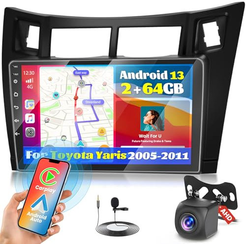 Fuluku 2+64G Android 13 Autoradio per Toyota Yaris 2005-2011 con Carplay Android Auto Senza Fili, Stereo con Schermo da 9 pollici con Bluetooth/WiFi/GPS/Backup Camera/FM/RDS/SWC/28 set di Temi
